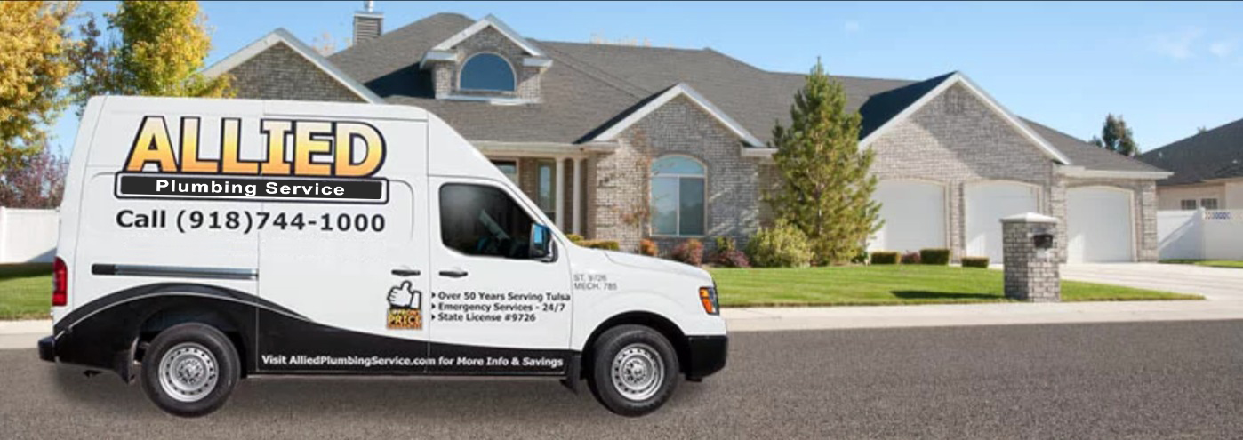 Allied Plumbing service truck in front of home contact us